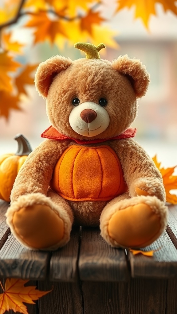 A plush pumpkin spice Build-A-Bear with a pumpkin outfit, surrounded by autumn leaves on a wooden table.
